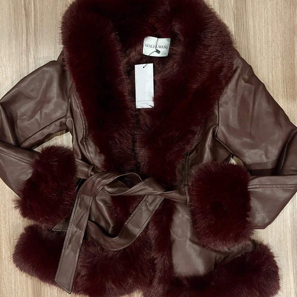 AZALEA WANG Kenzy Faux Leather And Faux Fur Coat Burgundy Size Medium - Picture 4 of 12